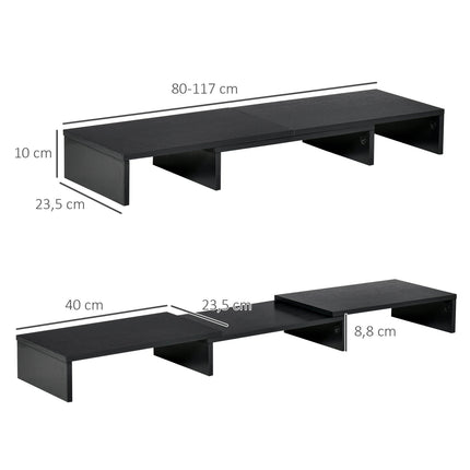 Adjustable stand with double monitors, wooden shelf, 80-117cm