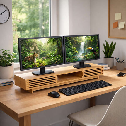 Monitor Stand with 3 Compartments, Bamboo Finish