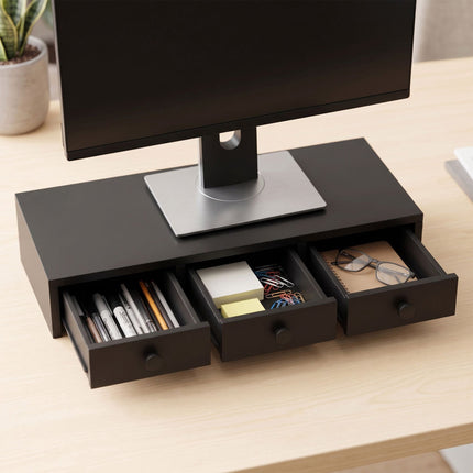 Monitor Stand with 3 Drawers – Black MDF, 10 kg Capacity