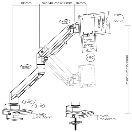 Monitor arm 17-49" gas spring max 20kg