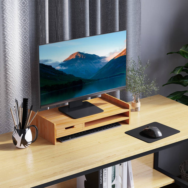 Natural Wood Monitor Stand - Desk Organizer with Drawers