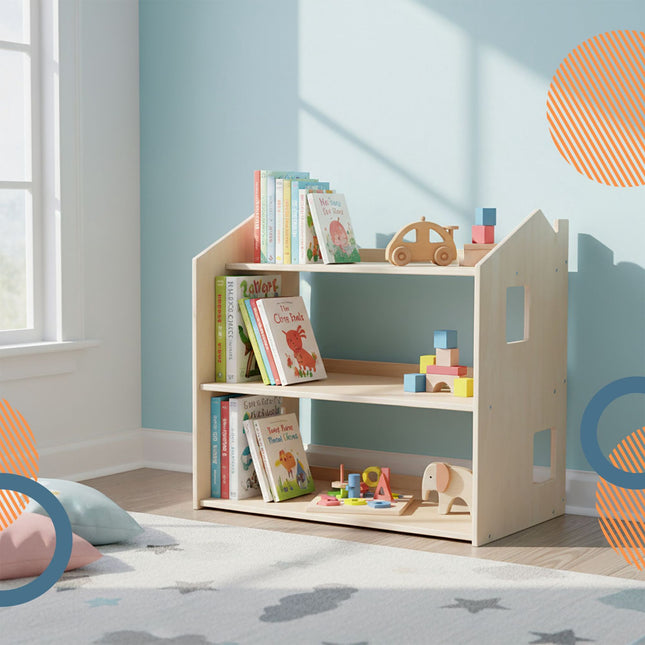 Regał na książki dla dzieci Montessori, półka w kształcie domku