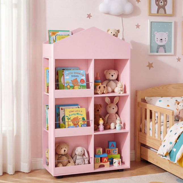 Montessori houten boekenplank en speelgoedopbergkast, roze, 116 cm