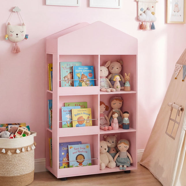 Montessori houten boekenplank en speelgoedopbergkast, roze, 116 cm