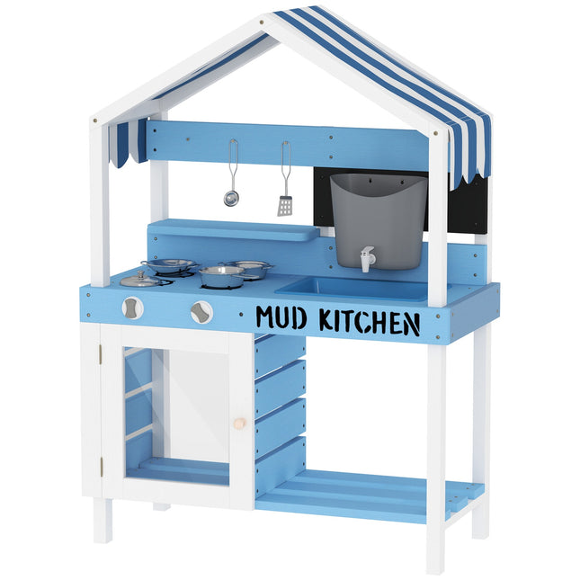 Children's clay kitchen in wood with stove, sink and shelves