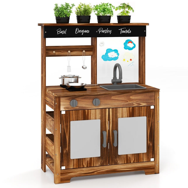 Mud kitchen children outdoor children's kitchen fir wood with 4 cooking pots brown