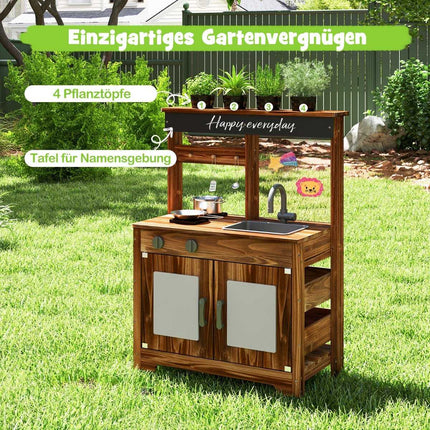 Mud kitchen children outdoor children's kitchen fir wood with 4 cooking pots brown