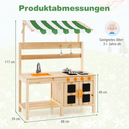 Mud kitchen children's outdoor children's kitchen fir wood with roof 88 x 39 x 117 cm natural