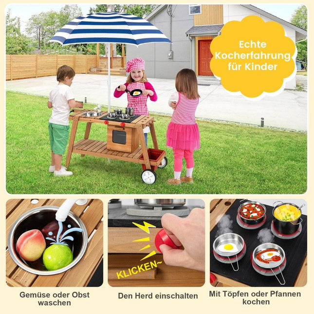 Mud kitchen children's outdoor children's kitchen wood with parasol and wheels blue