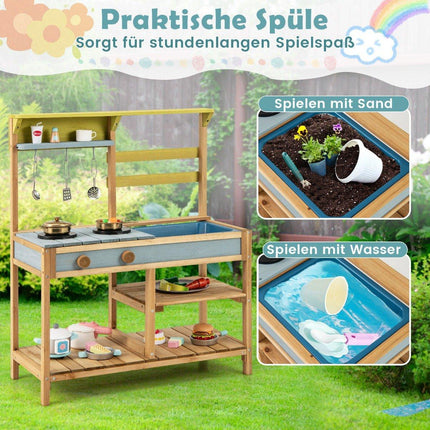 Mud kitchen children's play kitchen made of spruce wood with stove knobs &amp; Natural sink