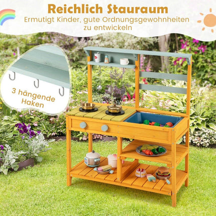 Mud kitchen children's play kitchen made of spruce wood with stove knobs &amp; Sink yellow