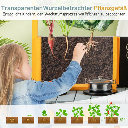 Mud kitchen for children, outdoor children's kitchen made of fir wood with planter, 2 chalkboards, and a blue faucet.