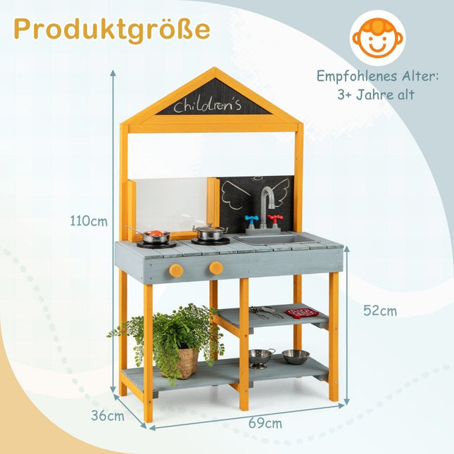 Mud kitchen for children, outdoor children's kitchen made of fir wood with planter, 2 chalkboards, and a blue faucet.