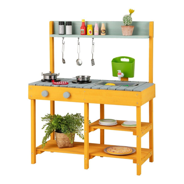 Mud kitchen for children, outdoor children's kitchen made of wood with water function, play kitchen with hooks and removable shelf, orange
