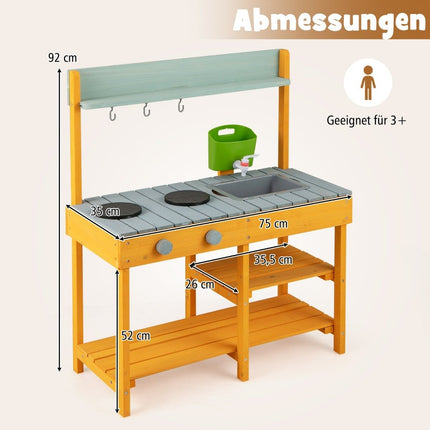 Mud kitchen for children, outdoor children's kitchen made of wood with water function, play kitchen with hooks and removable shelf, orange