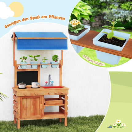 Mud kitchen for kids children's kitchen wood with height-adjustable sun canopy 77 x 52 x 135 cm