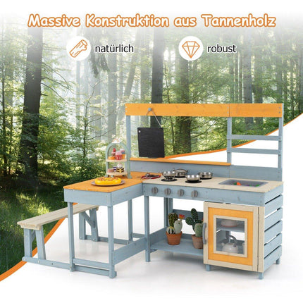 Mud kitchen with picnic table & bench Children's kitchen Fir wood with dessert accessories Kitchenware Gray