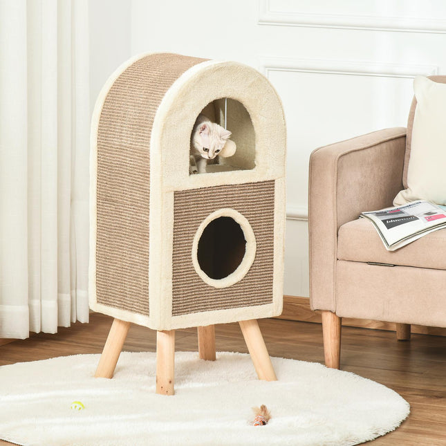 Cat cave with scratching board and play balls - coffee