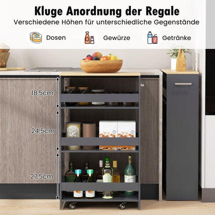 Narrow 4-Tier Kitchen Trolley, 20cm Wide, Grey, on Wheels