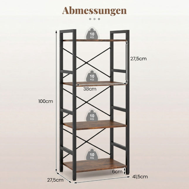 Smalle metalen boekenkast met 4 planken, rustiek bruin, 41,5 x 27,5 x 100 cm