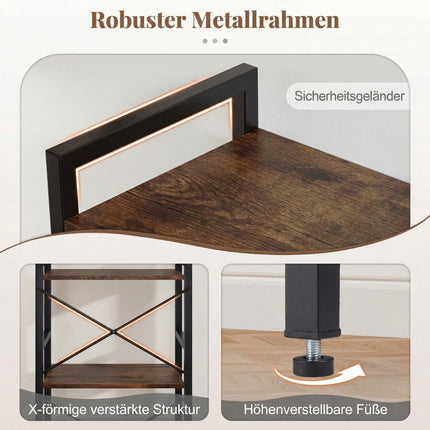 Narrow 4-Tier Metal Bookshelf, Rustic Brown, 41.5x27.5x100 cm