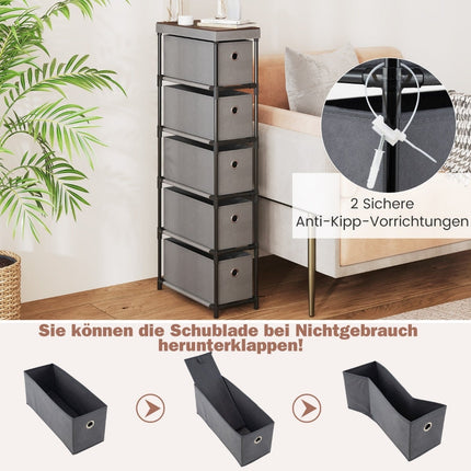 Narrow 5-Drawer Storage Tower, Metal Frame, Wood Top