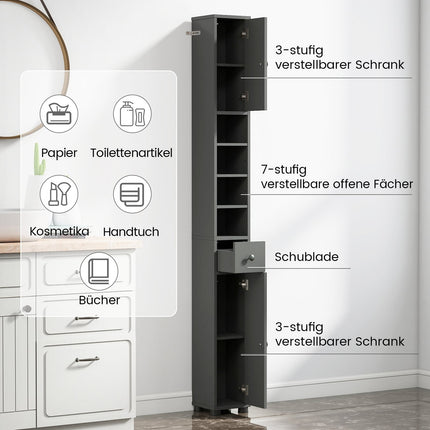 Narrow Bathroom Cabinet with Adjustable Shelves, Gray