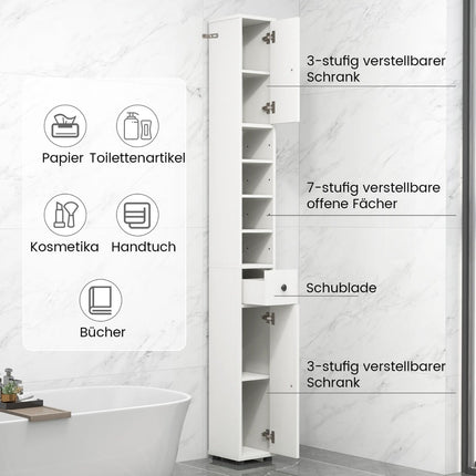 Narrow Bathroom Cabinet with Adjustable Shelves, White