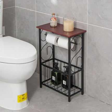 Narrow Bathroom Side Table with Toilet Paper Holder, Basket