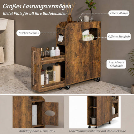 Narrow Brown Bathroom Cabinet with Drawer and Tissue Box