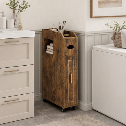 Narrow Brown Bathroom Cabinet with Drawer and Tissue Box