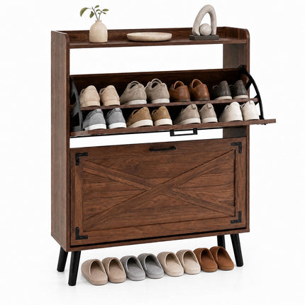Narrow Brown Shoe Cabinet with Adjustable Shelves, 2 Drawers