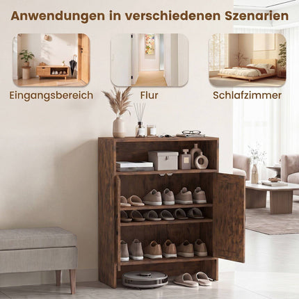 Narrow Brown Shoe Storage Cabinet with Open Shelf