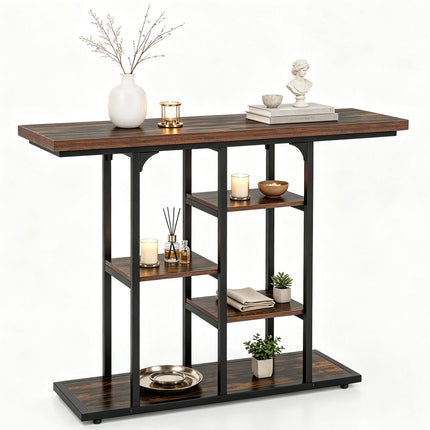 Narrow Console Table 109 cm with 4 Open Storage Shelves, Rustic Brown & Black