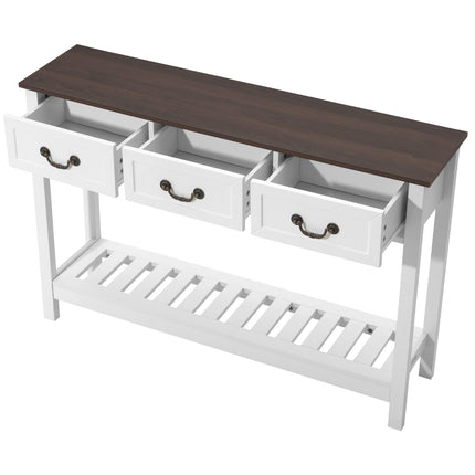 Narrow Console Table 120 cm, 3 Drawers, Shelf, Brown White
