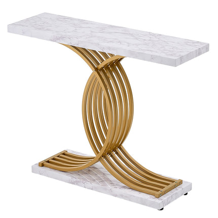 Narrow Console Table 39.4 In, Faux Marble Top, Metal Frame