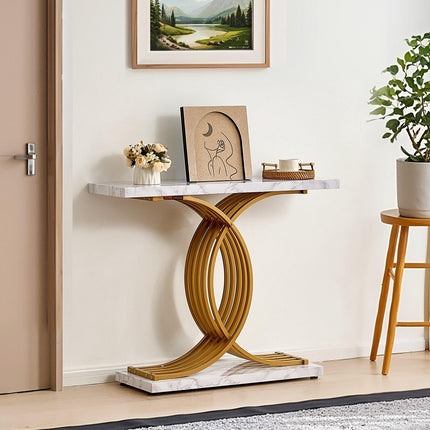 Narrow Console Table 39.4 In, Faux Marble Top, Metal Frame