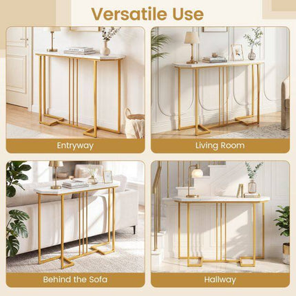Narrow Console Table, White Marble Top, Gold Geometric Frame