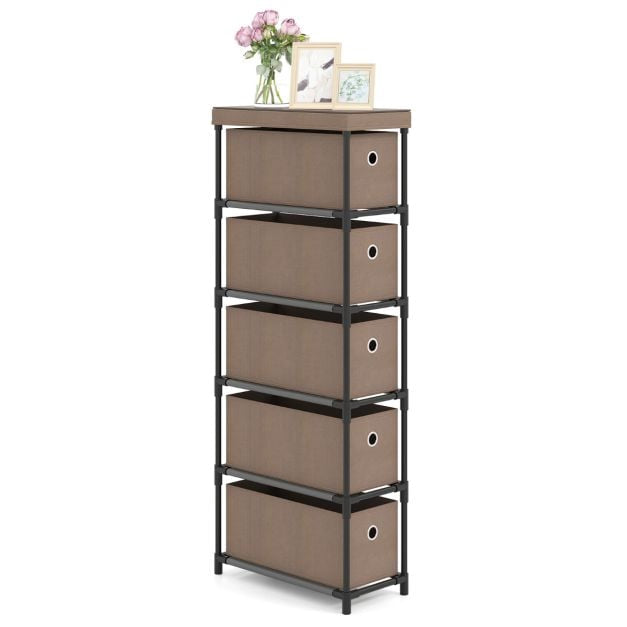 Narrow Dresser, 5 Drawers, Metal Frame, Wood Top