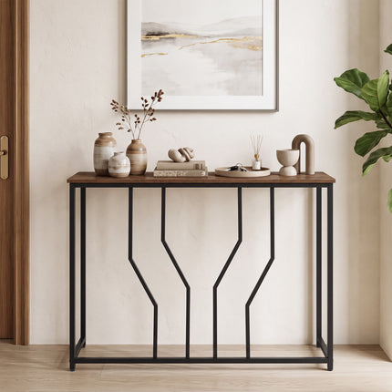 Narrow Rustic Brown Console Table, Metal Frame, 110x30x80 cm