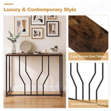 Narrow Rustic Brown Console Table, Metal Frame, 110x30x80 cm