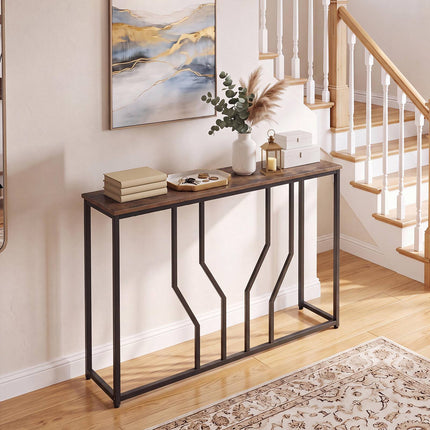 Narrow Rustic Brown Console Table, Metal Frame, 110x30x80 cm