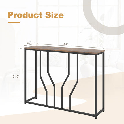 Narrow Rustic Brown Console Table, Metal Frame, 110x30x80 cm