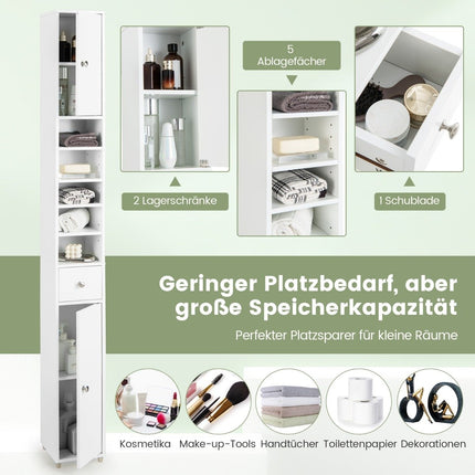 Narrow bathroom cabinet tall cabinet with 2 doors & 1 drawer 20 x 20 x 180 cm white