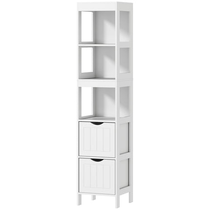 Tall narrow white bathroom cabinet, 2 drawers & shelves