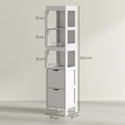 Tall narrow white bathroom cabinet, 2 drawers & shelves