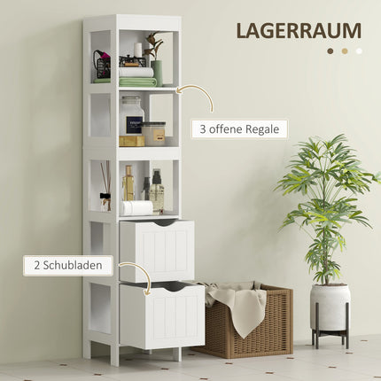 Tall narrow white bathroom cabinet, 2 drawers & shelves