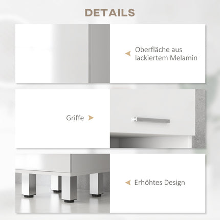 Tall white bathroom cabinet with adjustable shelf and drawers