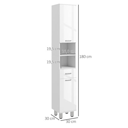 Tall white bathroom cabinet with adjustable shelf and drawers