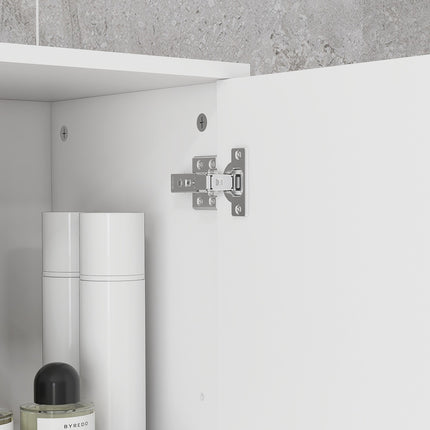 Tall white bathroom cabinet with adjustable shelf and drawers